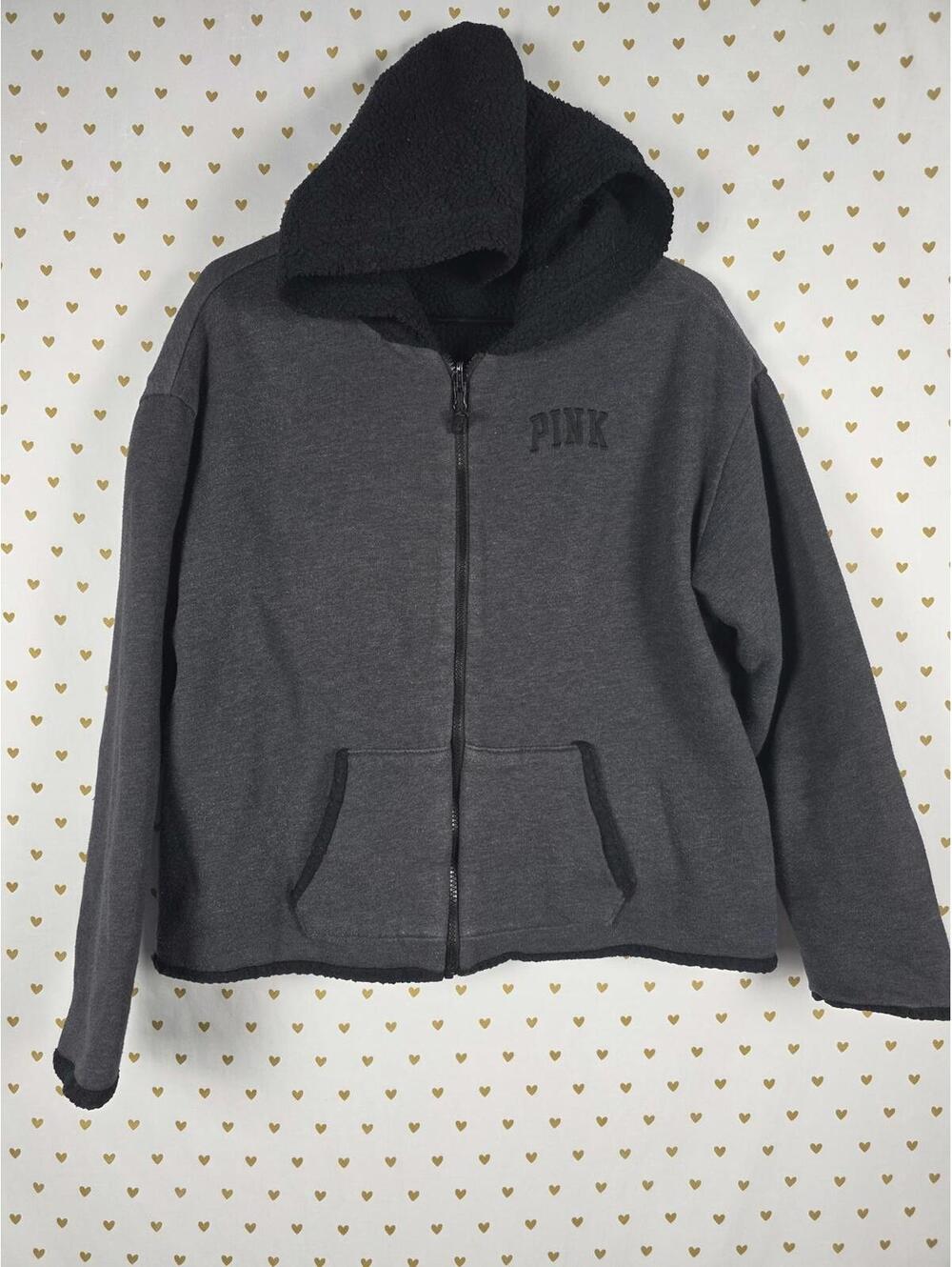 Victorias Secret Pink Grey Reversible Sherpa Hoodie Jacket Full zip SMALL